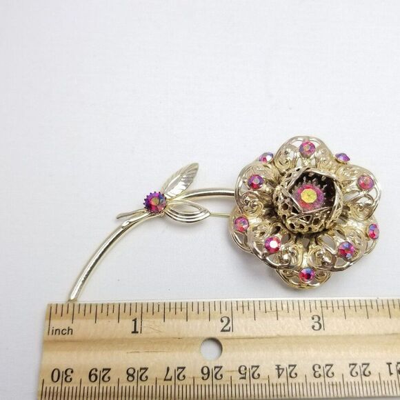Vintage Sarah Coventry Pink AB Rhinestone Flower Brooch, Gold Tone Estate - Picture 4 of 6